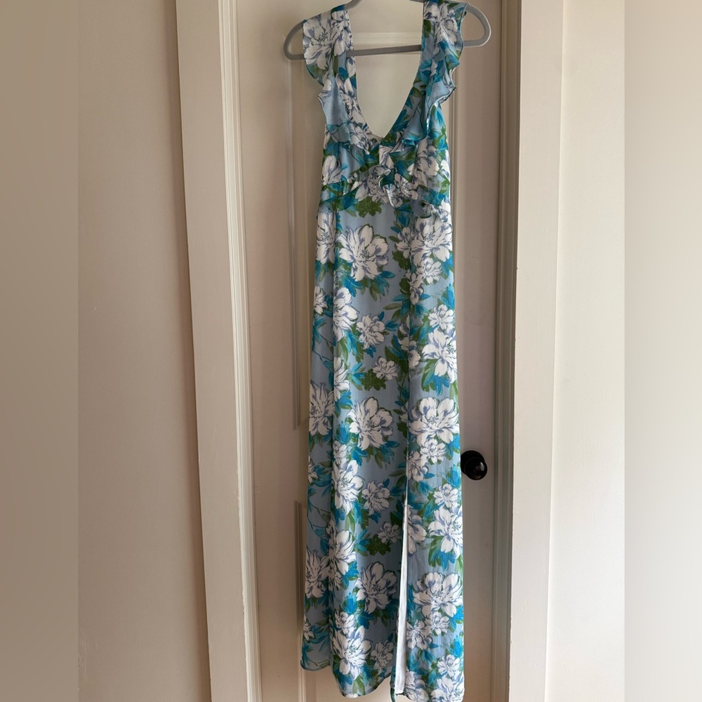 Lulus Sensational Spring Light Blue Floral Print Ruffled Maxi Dress